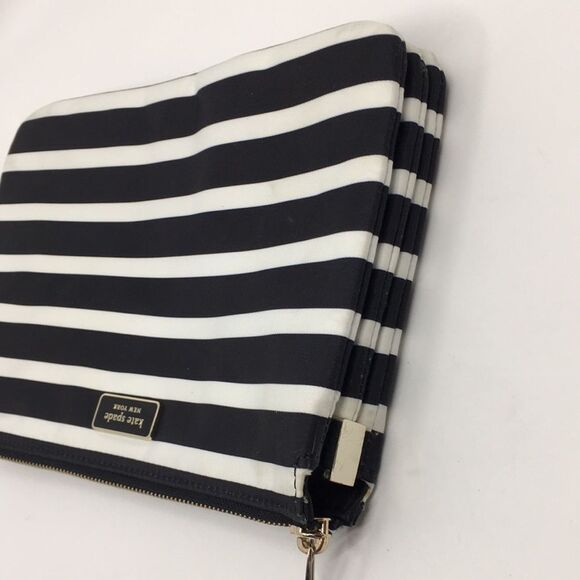 Kate Spade New York Black White Library Stripe Triple Gusset Clutch Makeup Pouch - Picture 9 of 16